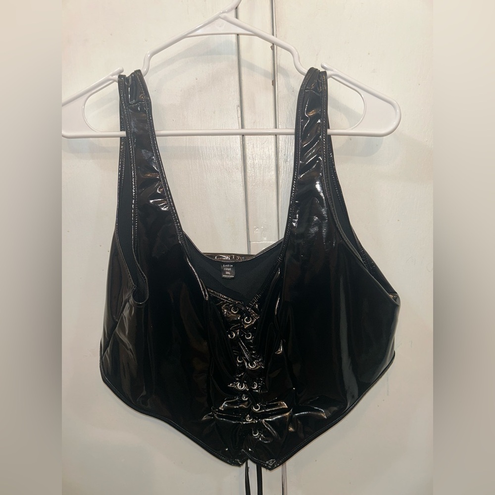 Black Shiny Lace-Up Crop Top